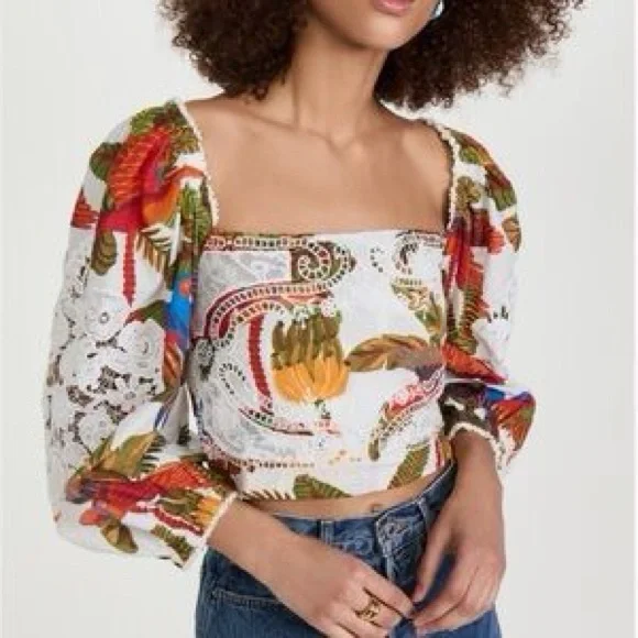 NWT Farm Rio Forest Birds crochet and guipure lace Cropped Blouse Size L - Picture 8 of 16